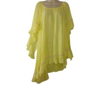 Noa Elle Womens Tunic Top Yellow Ruffled Bell Sleeve Asymmetric Hem M